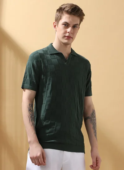 Dennis Lingo Men's Green 100% Cotton Textured Regular Fit T-Shirt