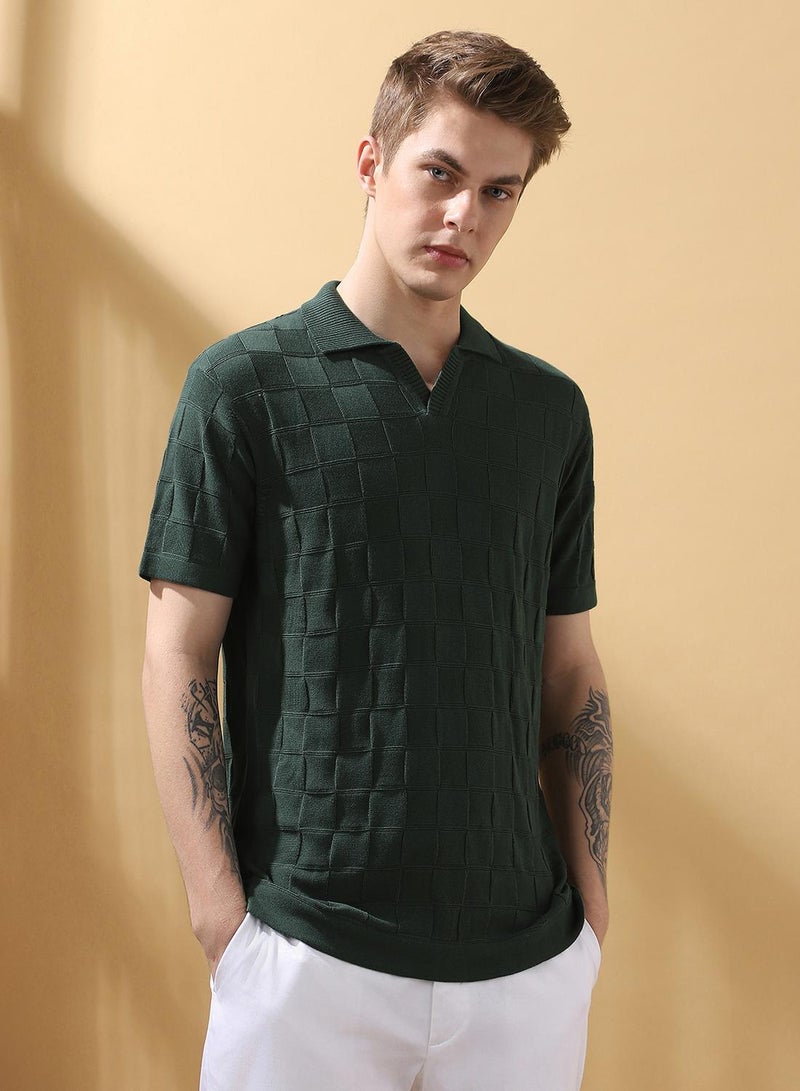 Dennis Lingo Men's Green 100% Cotton Textured Regular Fit T-Shirt  - Image 2