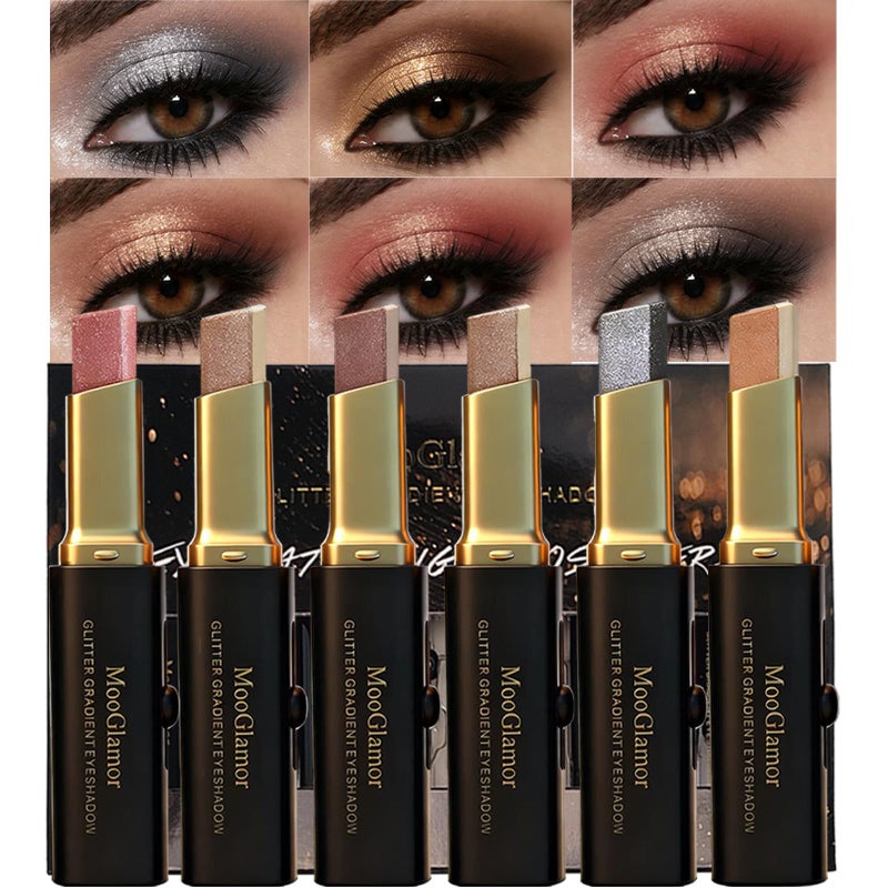 MooGlamor 6 Pcs Glitter Eye Shadow Stick Shimmer Eye Shadow Set with Two-Color Gradient and Waterproof Eyeshadow Pen for Long Lasting Eye Makeup Gift - Image 1