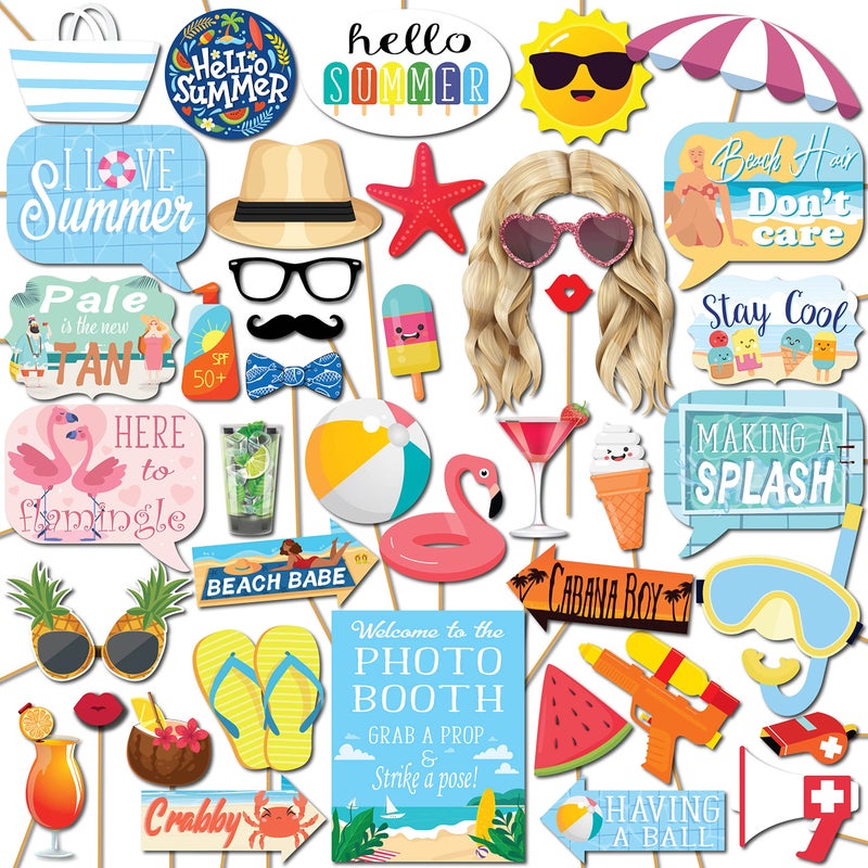 Summer Photo Booth Props  41 Pieces with Signs Adhesive Pads Sticks  Pool Party  Beach Theme Props