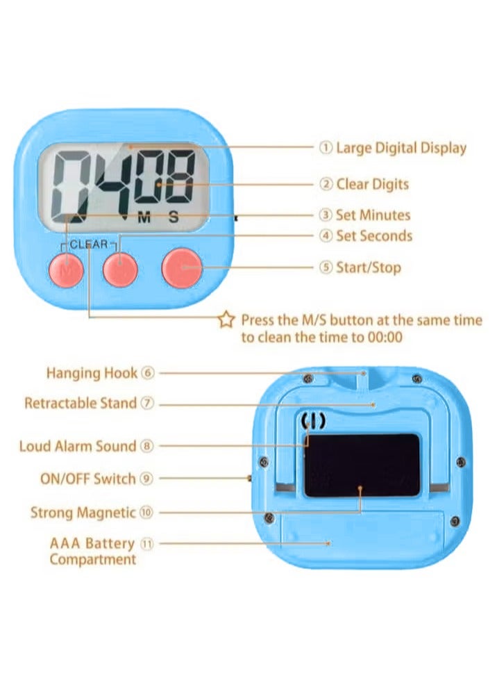 Kitchen cooking timer, large numbers, loud alarm, magnetic stand, baking cooking timer, blue - Image 3
