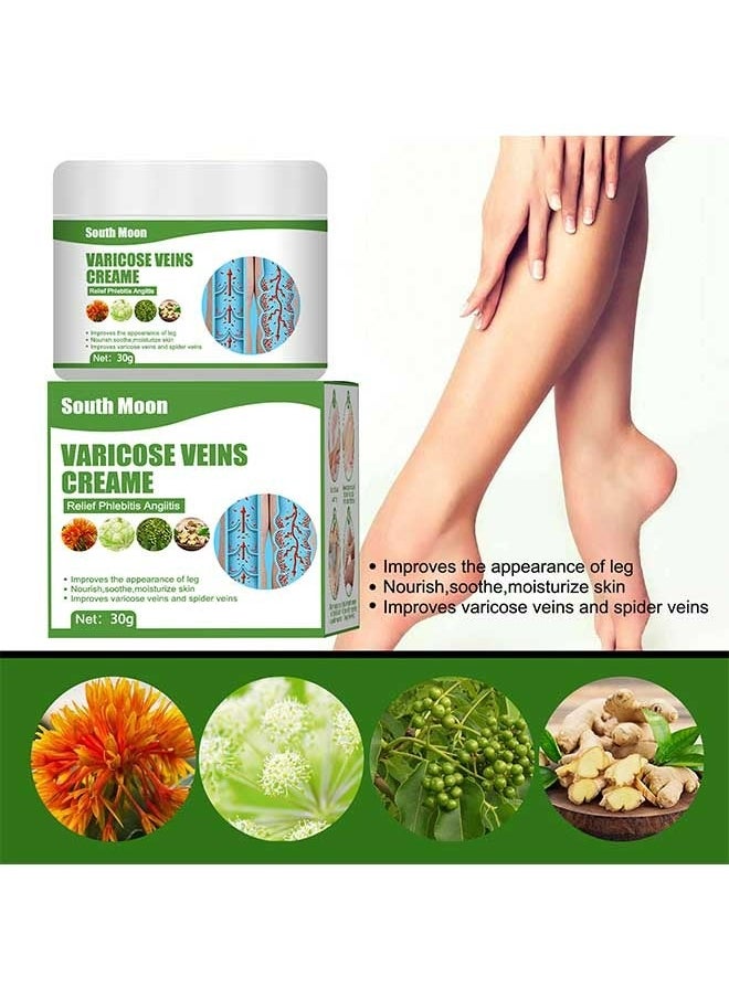 SOUTH MOON - Varicose Veins Cream to Relieve Phlebitis Angiitis, Strengthen Capillary Health, Relieve Swelling Pain and Fatigue, Minimize Varicose Vein and Spider Vein Leg Care Massage Cream 30g - Image 1
