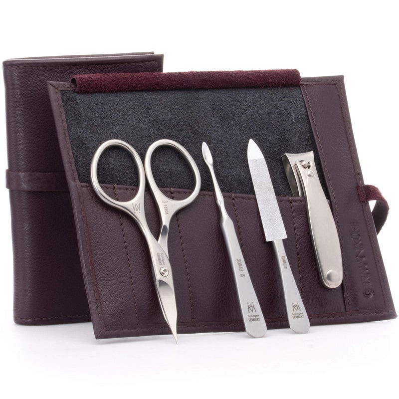 GERMANIKURE 4pc Manicure Set in Dark Purple Leather Case Made in Solingen Germany FINOX Stainless Steel Tools Professional Quality Compact Nail Grooming Kit