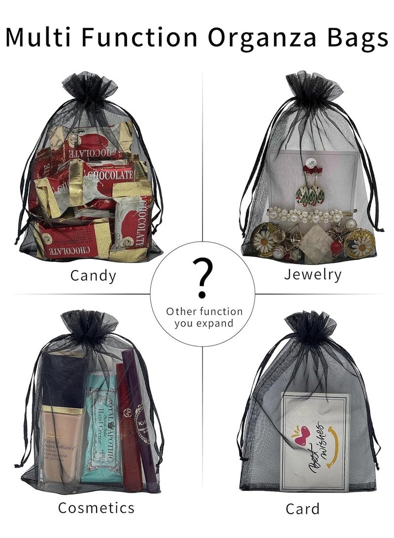 50 قطعة 13x18 سم أكياس أورجانزا سوداء شفافة لهدايا الأعراس مع رباط، أكياس مجوهرات فاخرة لحفلات وأعياد، لحماية الحلوى والفواكه - Image 4