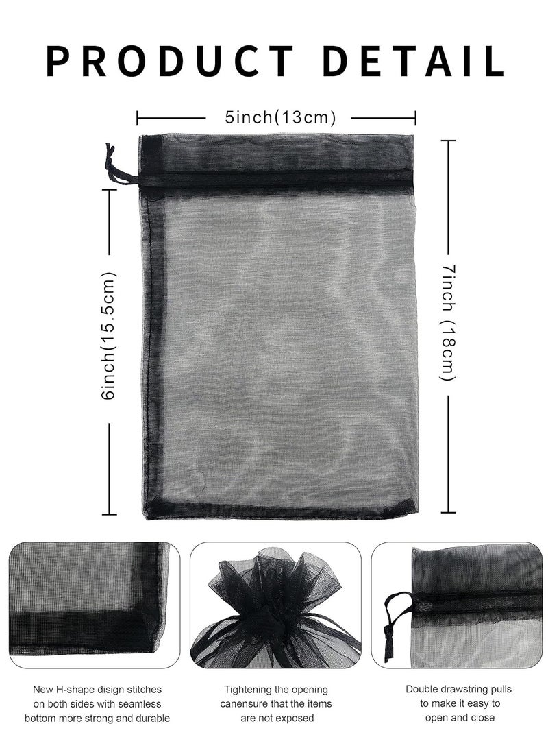 50 قطعة 13x18 سم أكياس أورجانزا سوداء شفافة لهدايا الأعراس مع رباط، أكياس مجوهرات فاخرة لحفلات وأعياد، لحماية الحلوى والفواكه - Image 3