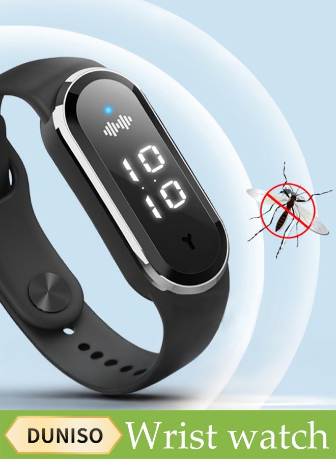 DUNISO سوار طارد البعوض، ساعة طاردة للبعوض إلكترونية، طارد بعوض محمول مقاوم للماء، مع عرض الوقت، قياس درجة حرارة الجسم وتسجيل الخطوات، مناسب للجري والسفر وتسلق الجبال، أسود - Image 1