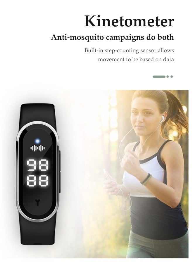 DUNISO سوار طارد البعوض، ساعة طاردة للبعوض إلكترونية، طارد بعوض محمول مقاوم للماء، مع عرض الوقت، قياس درجة حرارة الجسم وتسجيل الخطوات، مناسب للجري والسفر وتسلق الجبال، أسود - Image 3
