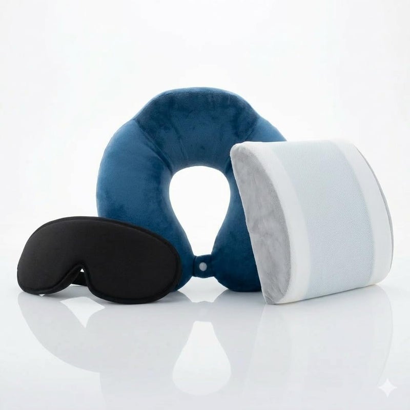 BEDZzzz Travel Comfort Bundle | Neck Pillow + Back Support Cushion + Sleep Eye Mask | Full Body Support | Pressure Relief | Deep Sleep | Ideal for Travel, Flights & Office - Image 1
