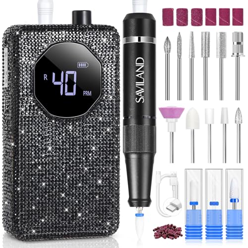 SAVILAND Professional Nail Drill 40000 RPM Portable Electric Nail Drill Kit File Machine with Ceramic Nail Bit Sanding Bands for Quick Acrylic Removal Manicure Salon Home Use Black Diamond - Image 1