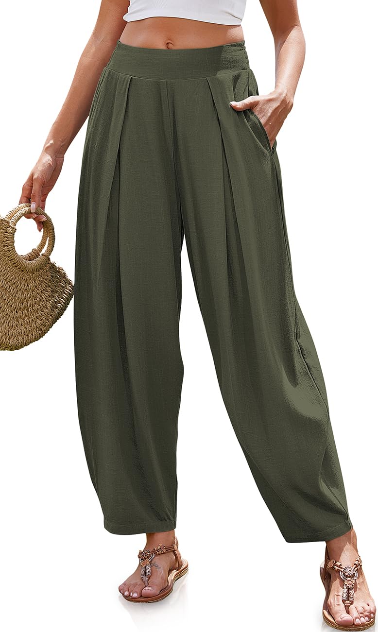 TARSE Womenâ€™s Linen Harem Pants Loose Fit Boho Pants with Wide Waistband Casual Lounge Trousers for Summer Beach Vacation ArmyGreen, L - Image 1