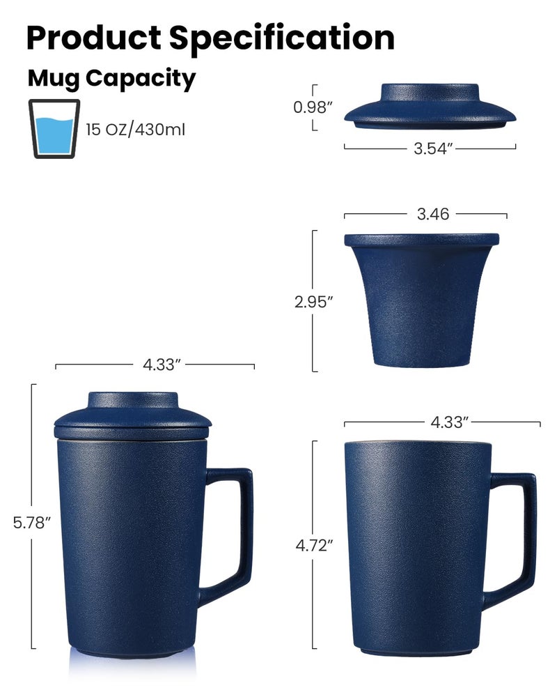 Foinly 15 oz Ceramic Tea Infuser Cup with Lid - Tea Mug with All Porcelain Strainer for Loose Leaf Teas,Microwave and Dishwasher Safe,Metal-Free,BPA-Free for Tea Lovers/Easter Day (Blue) - Image 2