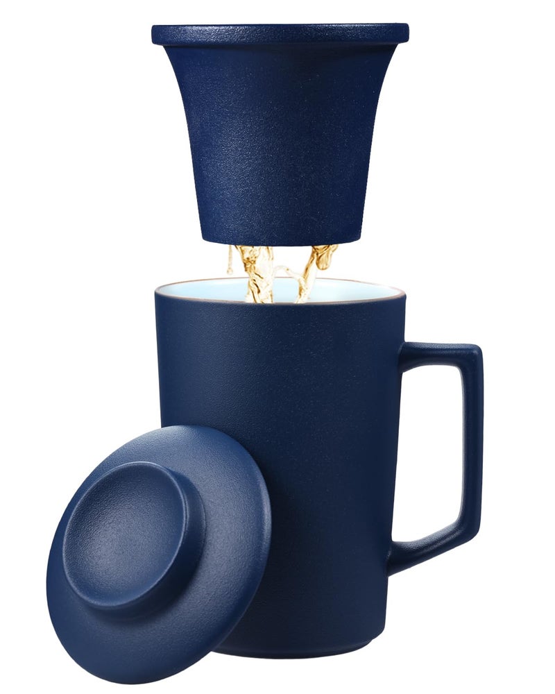 Foinly 15 oz Ceramic Tea Infuser Cup with Lid - Tea Mug with All Porcelain Strainer for Loose Leaf Teas,Microwave and Dishwasher Safe,Metal-Free,BPA-Free for Tea Lovers/Easter Day (Blue) - Image 1