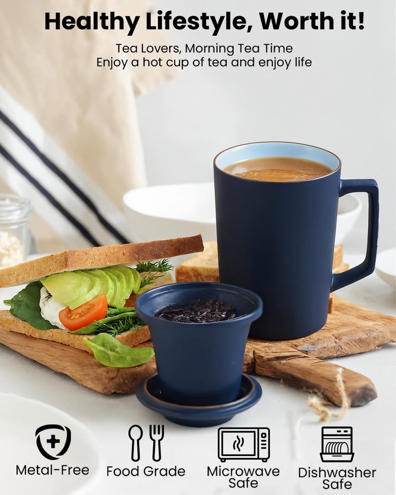 Foinly 15 oz Ceramic Tea Infuser Cup with Lid - Tea Mug with All Porcelain Strainer for Loose Leaf Teas,Microwave and Dishwasher Safe,Metal-Free,BPA-Free for Tea Lovers/Easter Day (Blue) - Image 4
