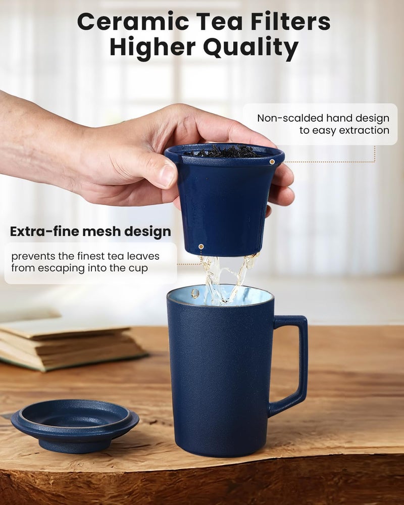 Foinly 15 oz Ceramic Tea Infuser Cup with Lid - Tea Mug with All Porcelain Strainer for Loose Leaf Teas,Microwave and Dishwasher Safe,Metal-Free,BPA-Free for Tea Lovers/Easter Day (Blue) - Image 3