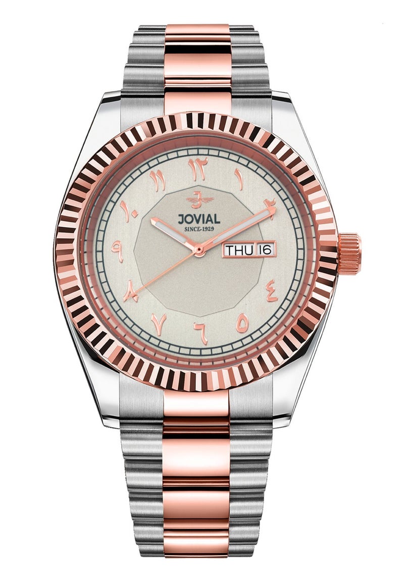 جوفيال ساعة جوفيال 2014GAMQ02E  ساعة رجالية أنيقة، مصنوعة من الفولاذ المقاوم للصدأ، قطرها 42 مم، مينا رمادي، مزودة بمشبك قابل للطي، تعرض اليوم والتاريخ. - Image 1