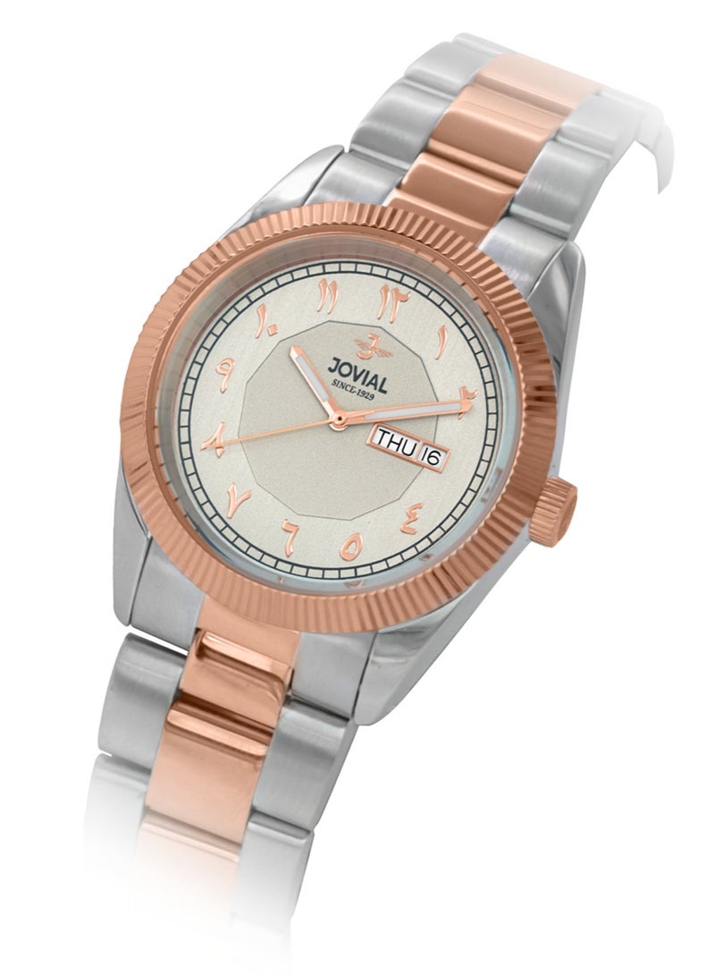 جوفيال ساعة جوفيال 2014GAMQ02E  ساعة رجالية أنيقة، مصنوعة من الفولاذ المقاوم للصدأ، قطرها 42 مم، مينا رمادي، مزودة بمشبك قابل للطي، تعرض اليوم والتاريخ. - Image 2