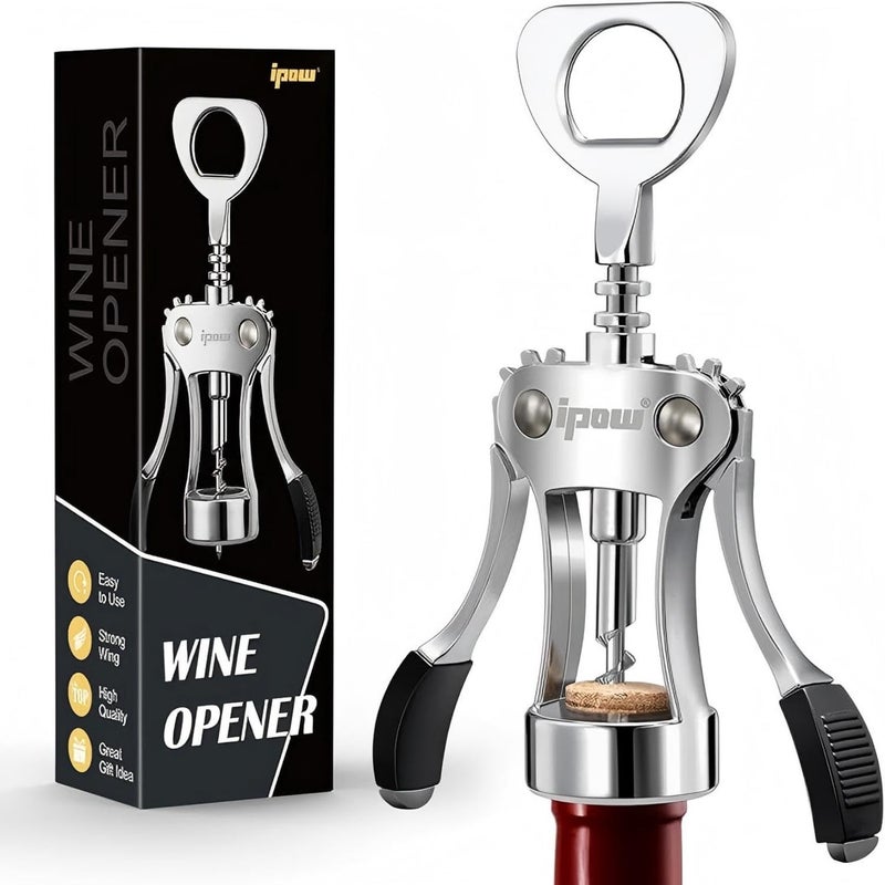 IPOW Wine Opener, Zinc Alloy Wine Bottle Opener, Wing Corkscrew Heavy Duty, Manual Multifunctional Cork Screw for Waiter, Silver - Image 1