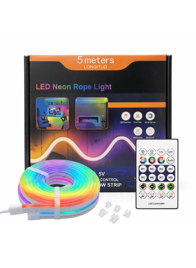 Smart RGBIC Neon LED Strip Light 5M - IP68 Waterproof Flexible USB Powered Strip with Remote Control & Music Sync, Dynamic Multi-Color Effects for Home & Gaming Decor.