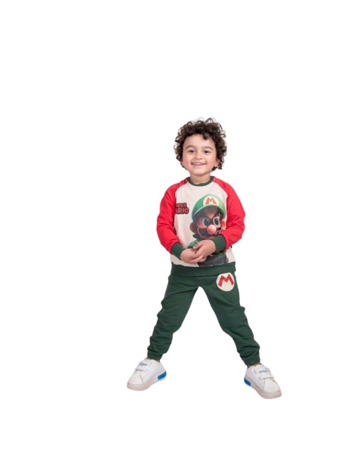 Boys' pajamas, beige and red T-shirt and green pants - Image 2