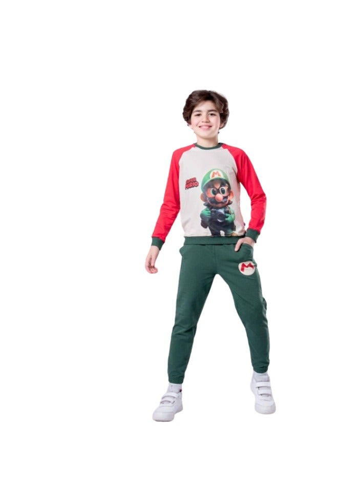Boys' pajamas, beige and red T-shirt and green pants - Image 1