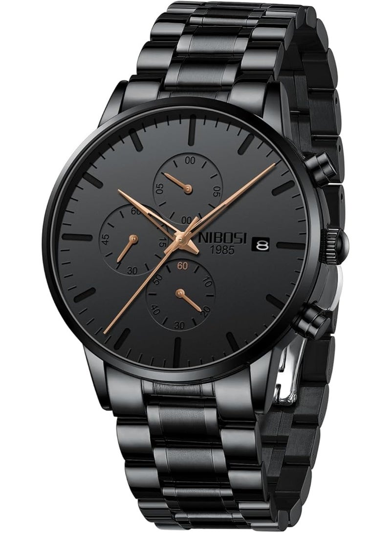 NIBOSI Men's Watches Analog Minimalist Black Dial Watches for Men Business Chronograph Military Casual Wrist Watches Stainless Steel Strap Date - Image 1