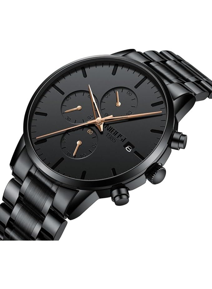 NIBOSI Men's Watches Analog Minimalist Black Dial Watches for Men Business Chronograph Military Casual Wrist Watches Stainless Steel Strap Date - Image 2