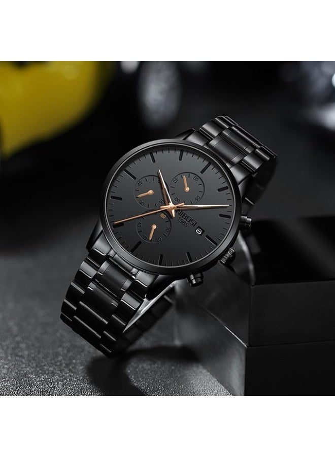 NIBOSI Men's Watches Analog Minimalist Black Dial Watches for Men Business Chronograph Military Casual Wrist Watches Stainless Steel Strap Date - Image 4