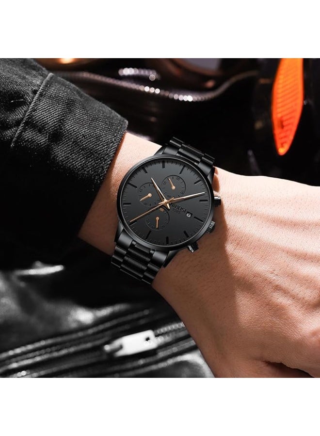 NIBOSI Men's Watches Analog Minimalist Black Dial Watches for Men Business Chronograph Military Casual Wrist Watches Stainless Steel Strap Date - Image 5