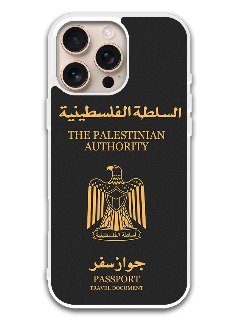 Theodor غطاء حماية لجهاز آبل آيفون 16 برو جواز سفر فلسطيني (حافة بيضاء) - Image 1