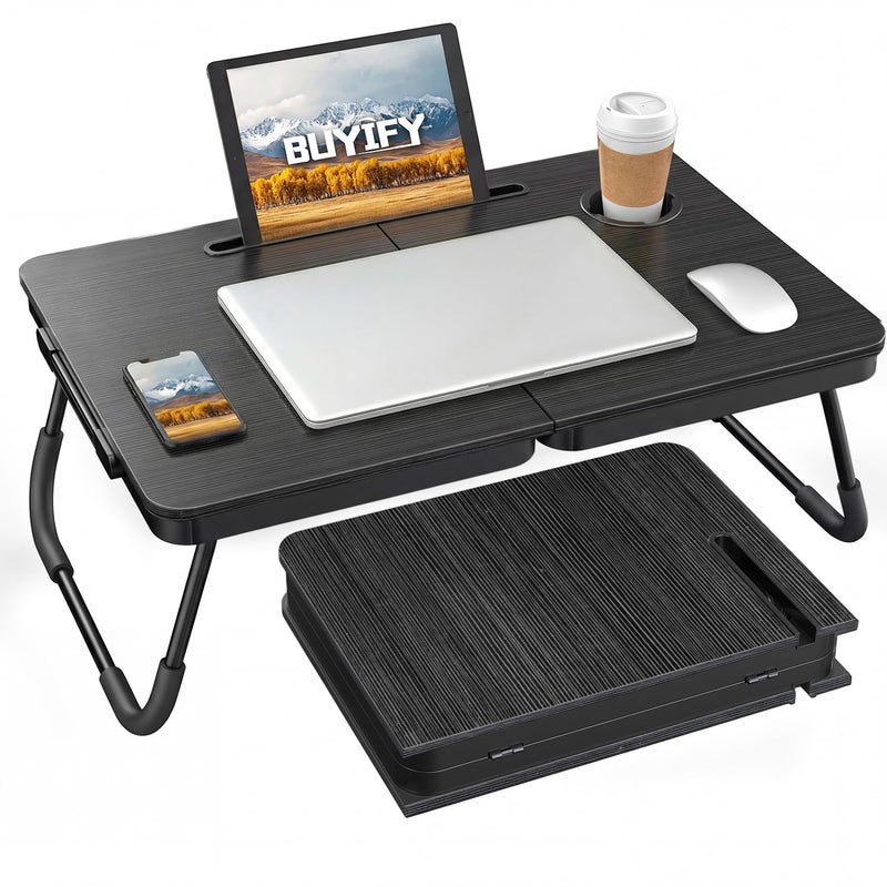 BUYIFY Foldable Laptop Bed Desk for Couch, Sofa - Large Lap Desk Tray Table with Cup Holder and Tablet Slot - Portable Notebook Stand for Eating, Writing, Studying and WFH (Black)- USA Original Patent - Image 1