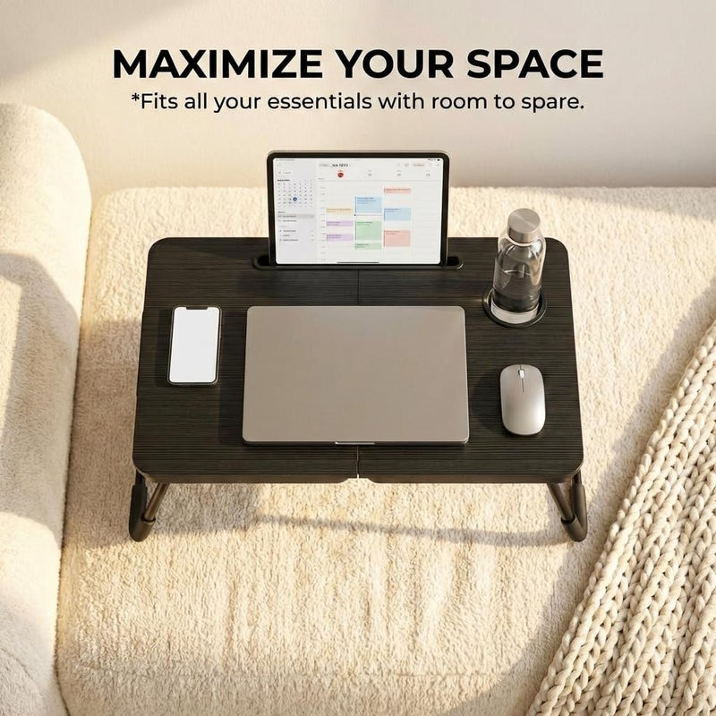 BUYIFY Foldable Laptop Bed Desk for Couch, Sofa - Large Lap Desk Tray Table with Cup Holder and Tablet Slot - Portable Notebook Stand for Eating, Writing, Studying and WFH (Black)- USA Original Patent - Image 3