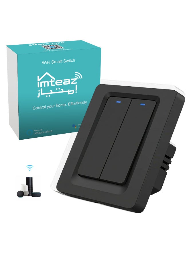 Imteaz WiFi Smart Wall Switch, No Neutral Wire Required, No Hub Required, Compatible with Google Home, Touch & App Remote Control, Timing Function & Voice Control (Gang 2, Black) - Image 1