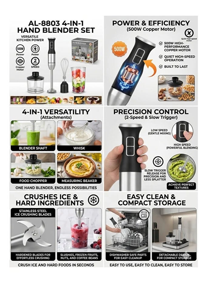 AL-8803 4-in-1 Hand Blender Set, 500W High-Speed Copper Motor, Stainless Steel - Image 2