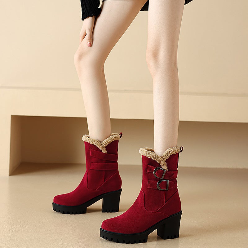 Fashion High-Heeled Thick-Bottomed Round Head 40-43 Suede Low-Barrel Women'S Boots - Image 4