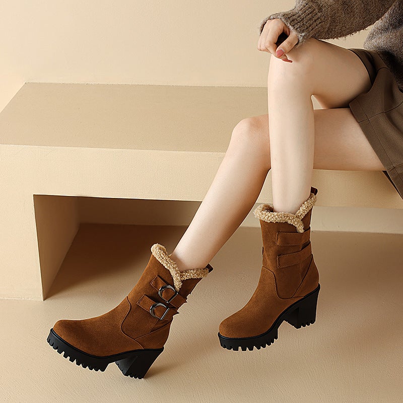 Fashion High-Heeled Thick-Bottomed Round Head 40-43 Suede Low-Barrel Women'S Boots - Image 3