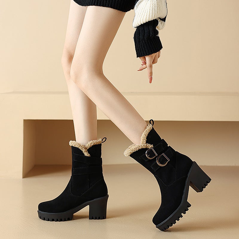 Fashion High-Heeled Thick-Bottomed Round Head 40-43 Suede Low-Barrel Women'S Boots - Image 5