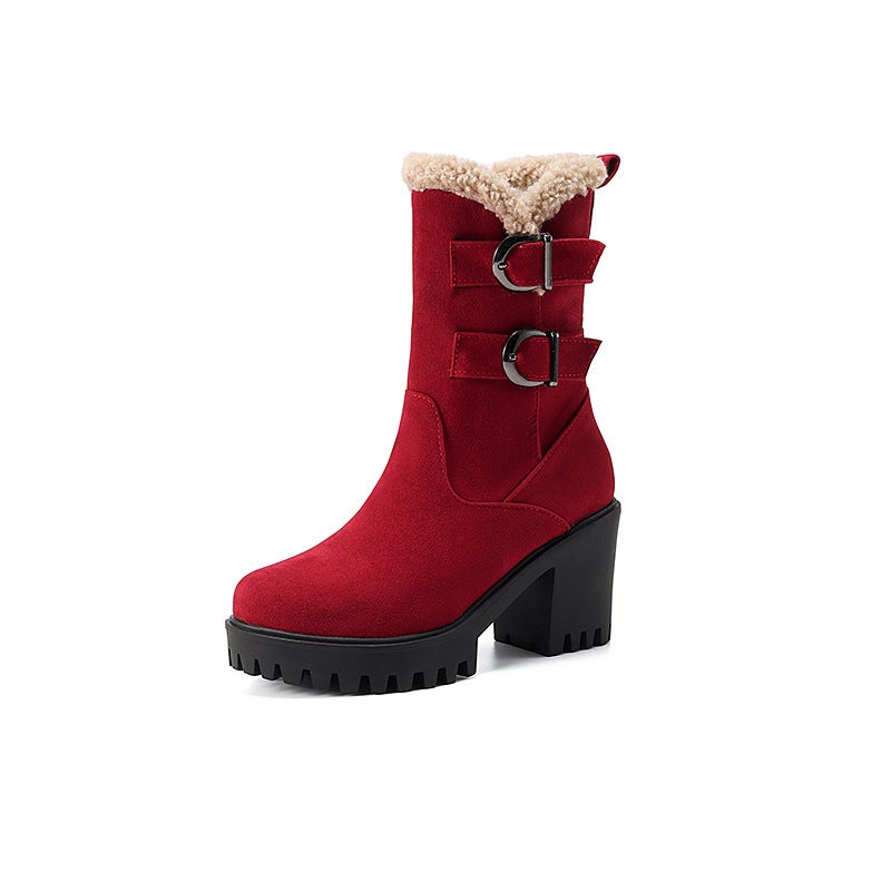 Fashion High-Heeled Thick-Bottomed Round Head 40-43 Suede Low-Barrel Women'S Boots - Image 1
