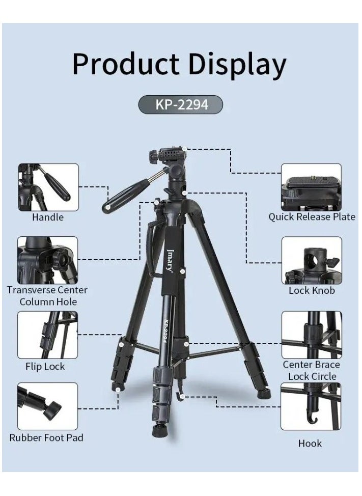 Jmary - KP-2294 Multifunctional Professional Tripod: Professional-grade tripod with multi-angle adjustment features in black. - Image 1