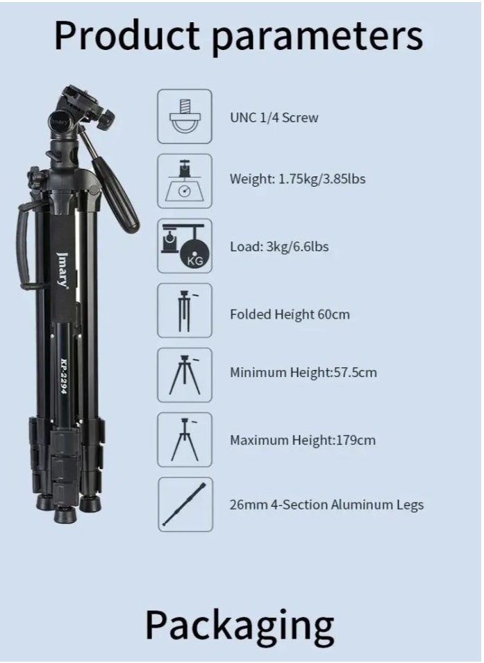 Jmary - KP-2294 Multifunctional Professional Tripod: Professional-grade tripod with multi-angle adjustment features in black. - Image 1