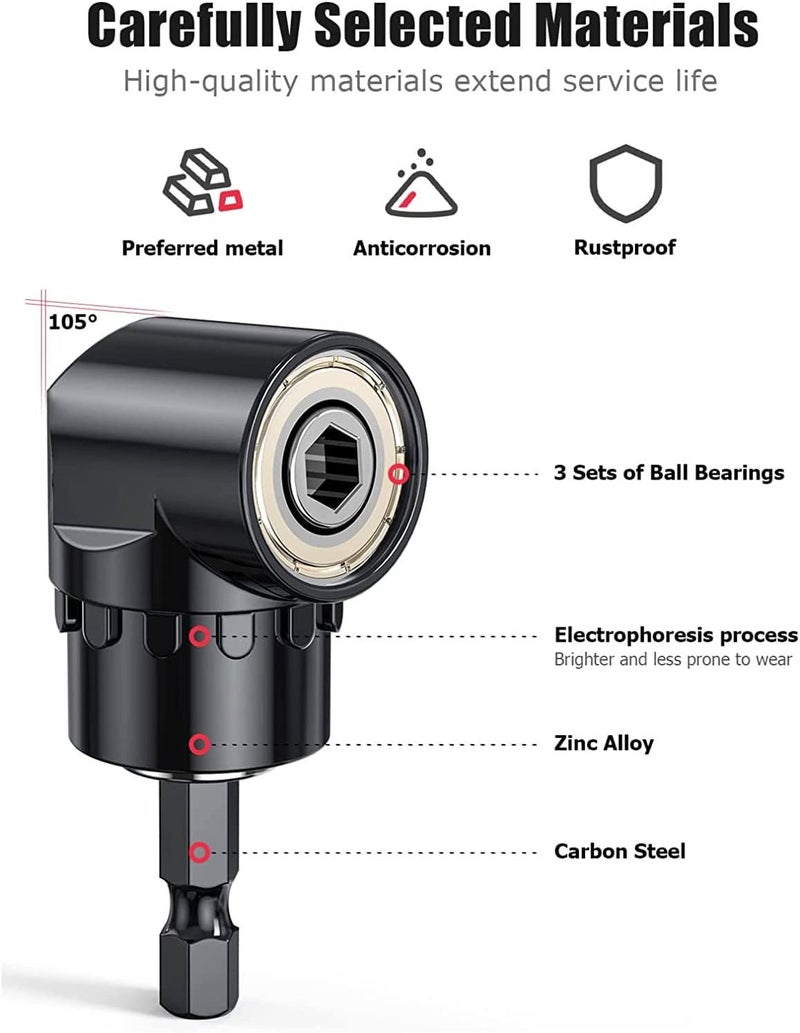 CIGOTU 105 Degree Right Angle Drill Adapter Set, 1/4-1/2 Inch Socket Adapters, 4-in-1 Impact Grade Extension Kit with 360° Rotation for Household Workplace Industry - Image 3