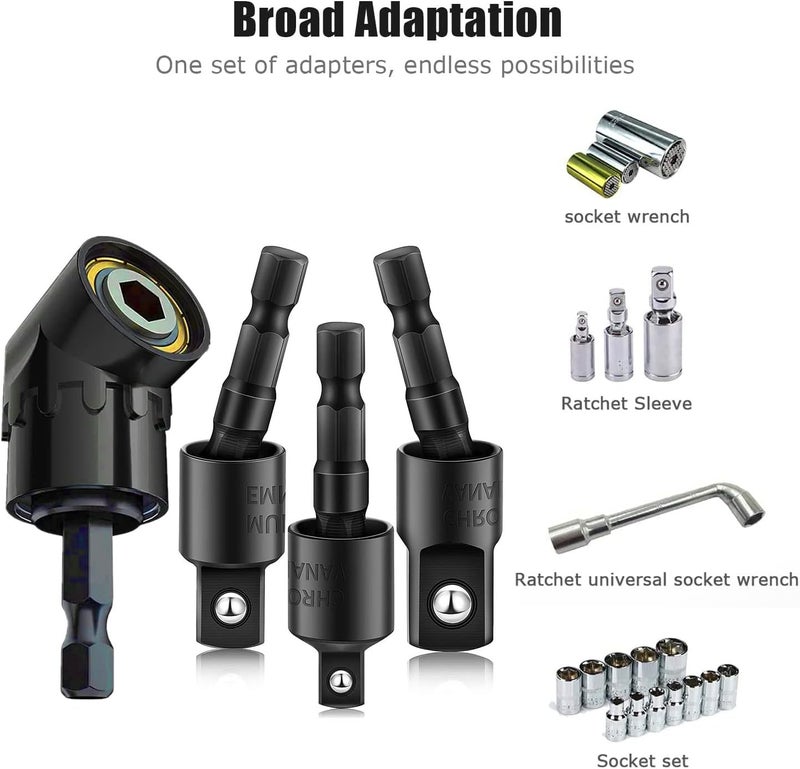 CIGOTU 105 Degree Right Angle Drill Adapter Set, 1/4-1/2 Inch Socket Adapters, 4-in-1 Impact Grade Extension Kit with 360° Rotation for Household Workplace Industry - Image 4