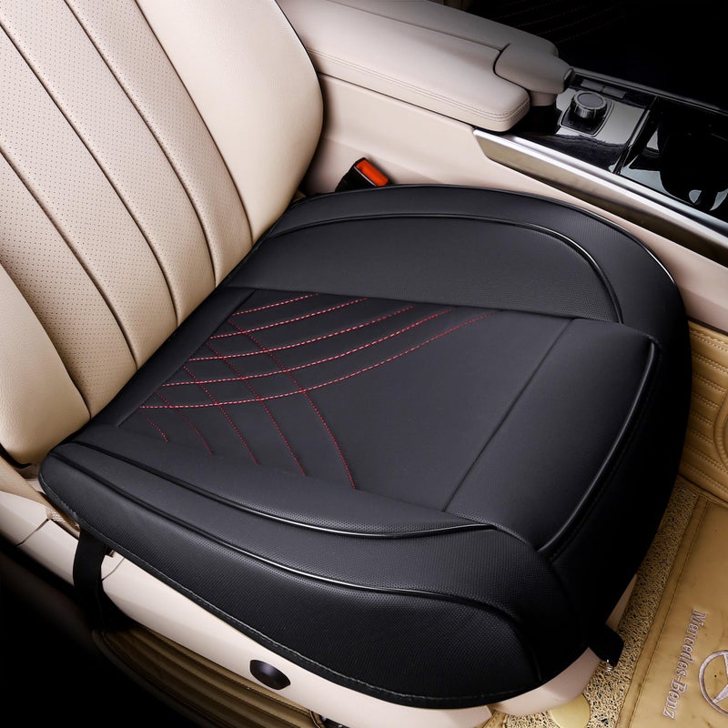 kingphenix Premium PU Car Seat Cover - Front Seat Protector Works with 95% of Vehicles - Padded, Anti-Slip, Full Wrapping Edge - (Dimensions: 21'' x 20.5'') - 1 Piece, Black & Red Line - Image 1