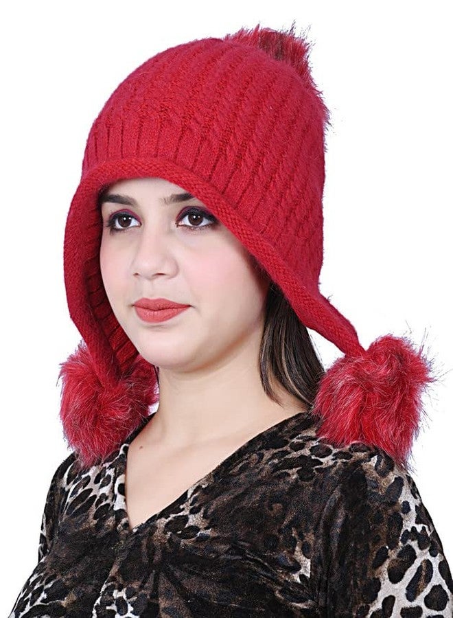 قبعة شتوية نسائية من دريسيفاي® بثلاث كرات بوم بوم (فرو داخلي) قبعة صوفية صغيرة للنساء والفتيات باللون الأحمر - Image 3