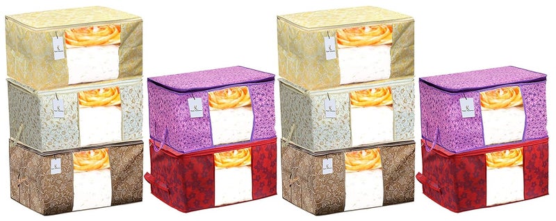 Kuber Industries Metalic Printed 10 Piece Non Woven Fabric Underbed Storage BagCloth OrganiserBlanket Cover with Transparent Window Red Beige Brown Pink Purple Gold CTKTC41262 - Image 1