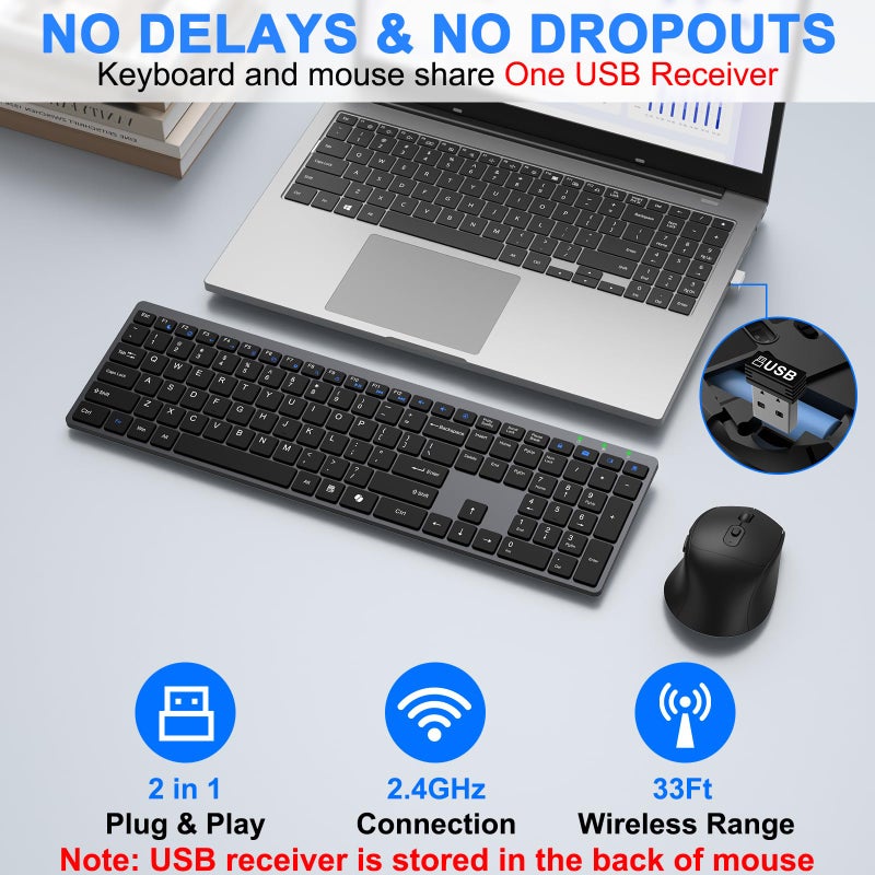EAYBLLY Wireless Keyboard and Mouse Combo, Full Size Silent Ultra Thin Keyboard with Magnetic Wrist Rest, Optical Mouse, 2.4G Lag-Free Cordless Mice Keyboard Set for Computer, Mac, Laptop, PC, Windows - Image 4