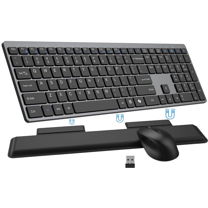EAYBLLY Wireless Keyboard and Mouse Combo, Full Size Silent Ultra Thin Keyboard with Magnetic Wrist Rest, Optical Mouse, 2.4G Lag-Free Cordless Mice Keyboard Set for Computer, Mac, Laptop, PC, Windows - Image 1
