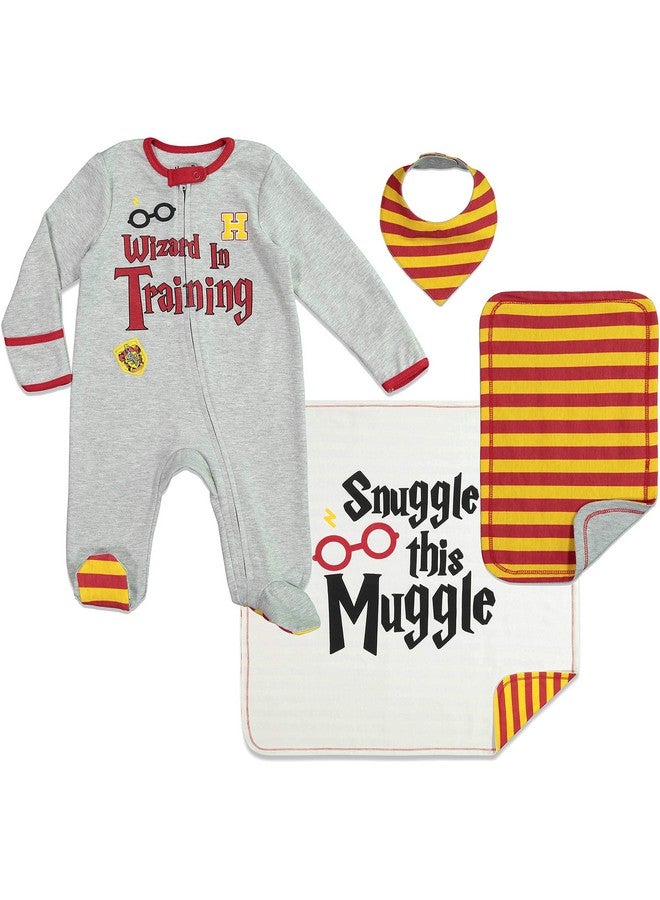 Harry Potter Newborn Baby Boy or Girl Zip Up Sleep N' Play, Bib, Blanket and Burp Cloth 4 Piece Outfit Set 0-6 Months - Image 1