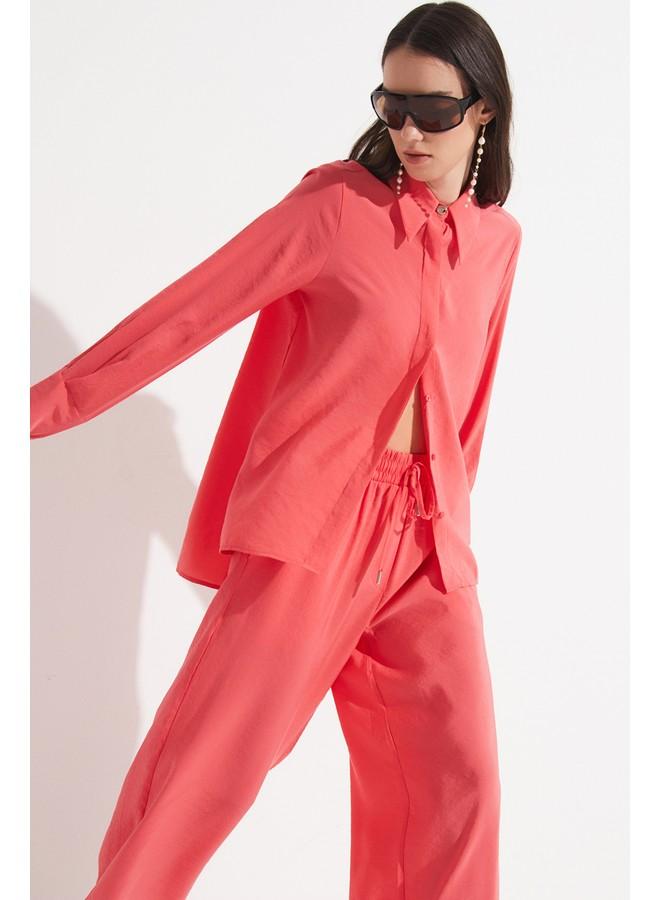JUNE June Women Exclusive Regular Fit Modal Blended Flowy Shirt Coral - Image 3