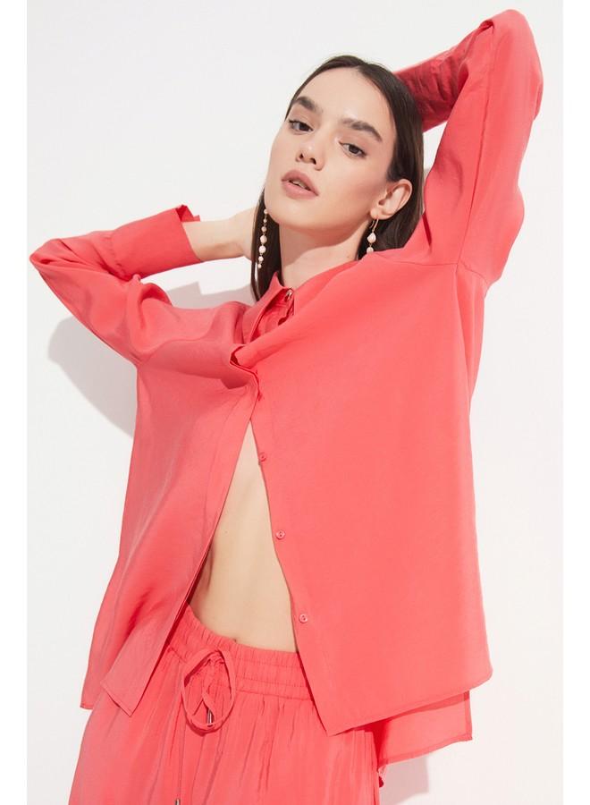 JUNE June Women Exclusive Regular Fit Modal Blended Flowy Shirt Coral - Image 4