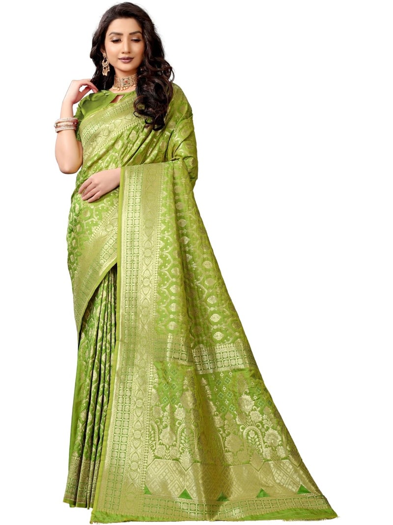 AMIRAT Banarasi Silk Golden Zari Woven Women Silk Saree With Blouse (Parrot Green) - Image 1